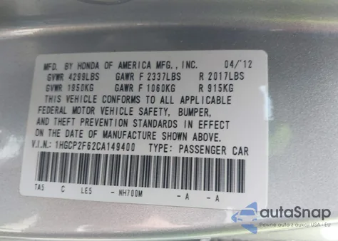 2012 Honda Accord 2.4 Se from USA, damaged, VIN 1HGCP2F62CA149400